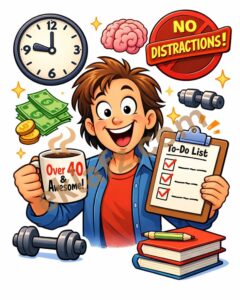 Funny cartoon person learning important life lessons at 40 with coffee, checklist, money, and brain icons.