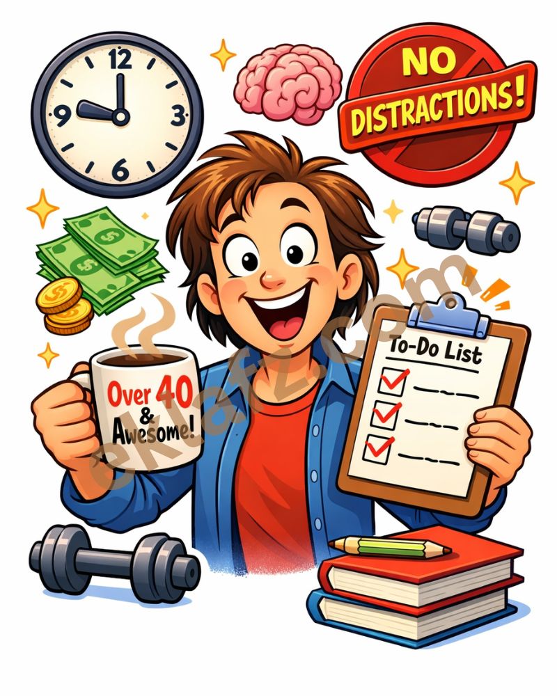 Funny cartoon person learning important life lessons at 40 with coffee, checklist, money, and brain icons.